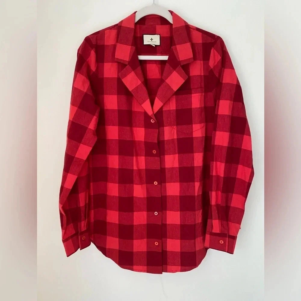 Tuckernuck Shirt Women’s Medium Plaid 100% Cotton Red Button Down Blouse